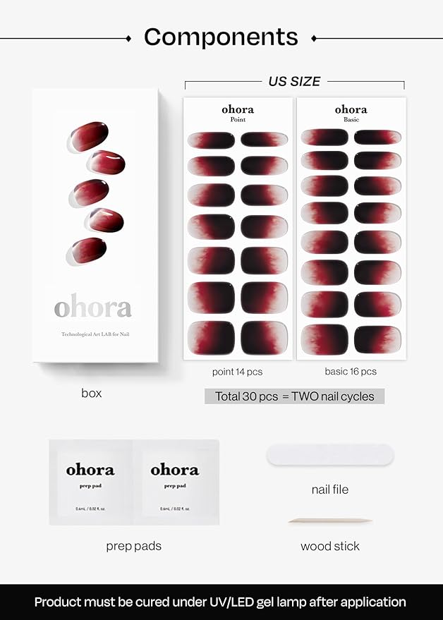 ohora Semi Cured Gel Nail Strips (N Blood Drop) - Red, Ombre, Works with Any UV/LED Lamps, Salon-Quality, Long Lasting, Easy to Apply & Remove - Includes 2 Prep Pads, Nail File & Wooden Stick