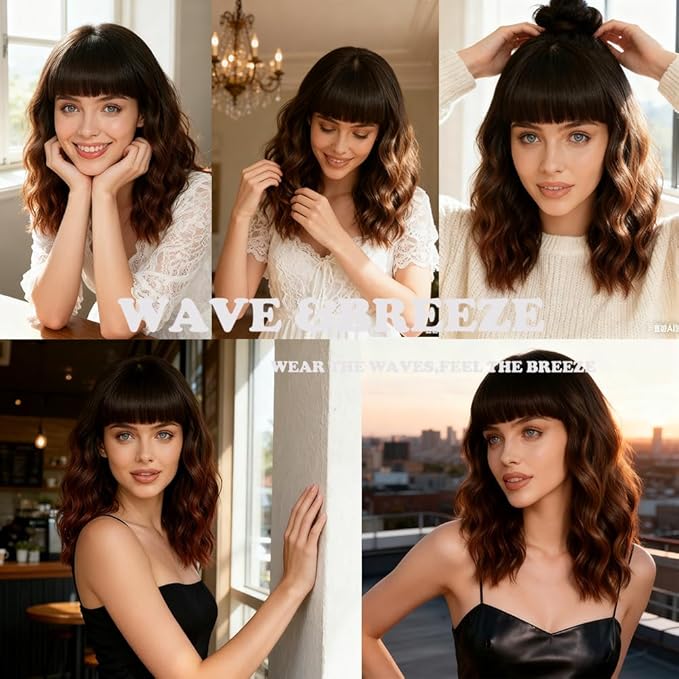WAVE&BREEZE Short Auburn Wigs with Bangs 14Inch Ombre Auburn Curly Bob Wig for Women Shoulder Length Natural Looking Hair Replacement Wig for Daily Party Use Cosplay Costume Halloween Wig