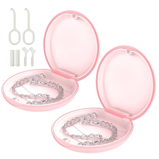 2 Pack Retainer Case, Slim Aligner Case, Compatible with Invisalign, Cute Orthodontic Retainer Case with Retainer Removal Tool and Brush, Pink