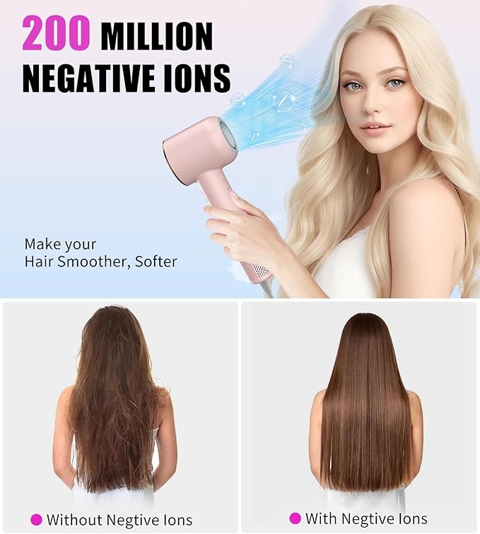 Hair Dryer, 110000 RPM Intelligent High-Speed Blow Dryer - 200 Millions Negative Ionic, Double-Layer Heating Wire for Fast Drying, Low Noise Thermo-Control Hair Dryer with Magnetic Nozzle (Pink)