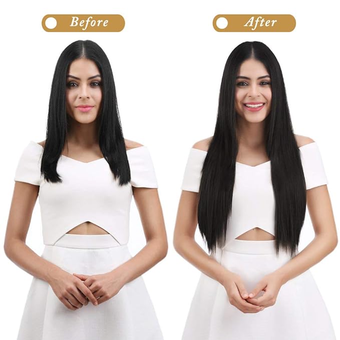 REECHO 24" Straight Clips in hair extensions Clips on HE008 Hairpieces Synthetic Hair Extensions for Women 5 Clips per Piece - Natural Black