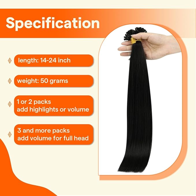 Full Shine Keratin Bond Hair Extensions Jet Black Ktip Human Hair Extensions 24 Inch Prebonded Extensions for Women 50 Grams Long Straight Natural Remy Hair
