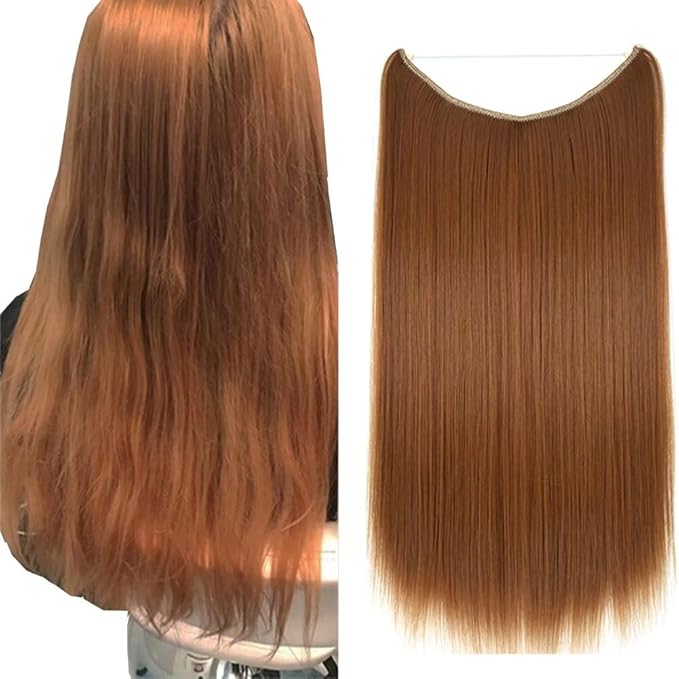 iLUU 22" Hair Extensions with Hidden String Straight Invisible Wire Hair Extensions Honey Blonde Transparent Fish Line Hairpieces Hairpiece Synthetic Hair for Women, 80g/55cm 27A#