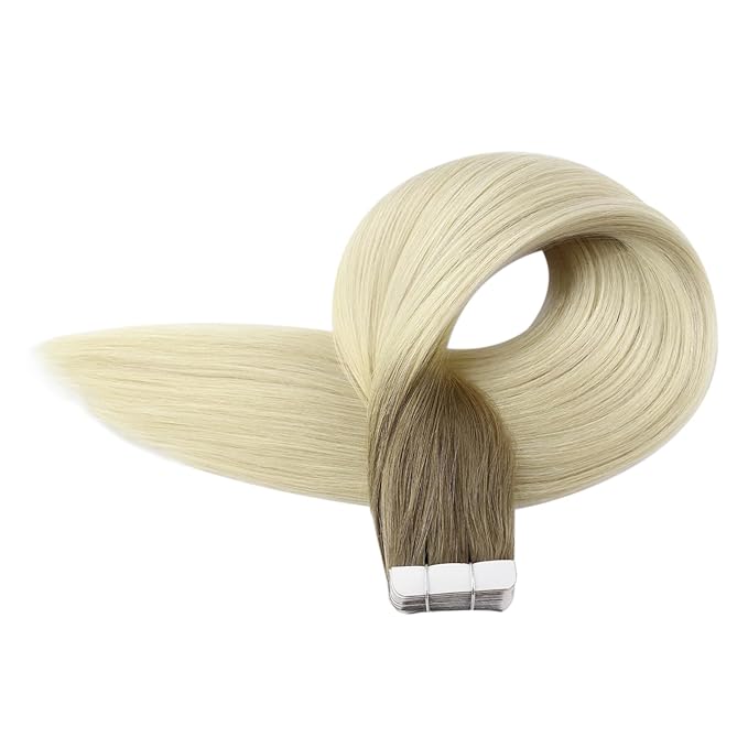 Full Shine Human Hair Extensions Tape in 20 Inch Color 8 Ash Brown Fading to 60 Platinum Blonde Invisible Double Sided Tape in Hair Extensions 50g Natural Straight Seamless Skin Weft 20 PCS for Party