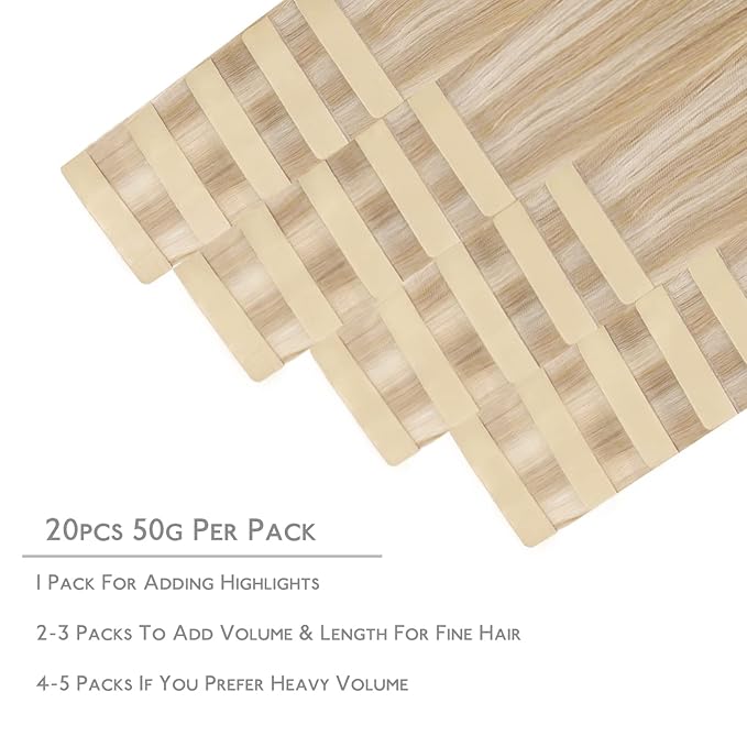 WENNALIFE Tape in Hair Extensions Human Hair, 20pcs 50g 24 inch Dirty Blonde Highlighted Bleach Blonde Remy Hair Extensions Straight Human Hair Tape in Extensions Skin Weft Extensions Hair