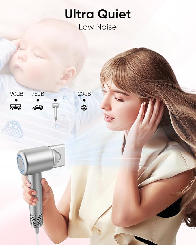 Hair Dryer, High-Speed Ionic Low Noise Blow Dryer for Fast Drying, Birthday Christmas Gifts for Women Men Mom Dad, Thermo-Control Quiet Compact Hair Blow Dryer for Travel Salon, Silver