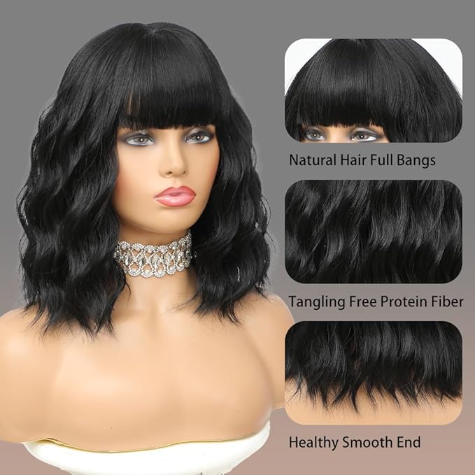 WAVE&BREEZE Black Wig with Bangs Short Wavy Bob Wigs for Women Natural Looking Synthetic Hair 14 Inch Shoulder Length Daily Wigs for Cosplay Party Use