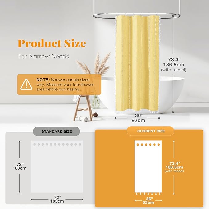 BTTN Boho Farmhouse Shower Curtain - Linen Rustic Heavy Duty Striped Fabric Shower Curtain Set, Bohemian Vintage Country Cloth Shower Curtains for Bathroom, Yellow, 36" W x 72" L (Pack of 1)