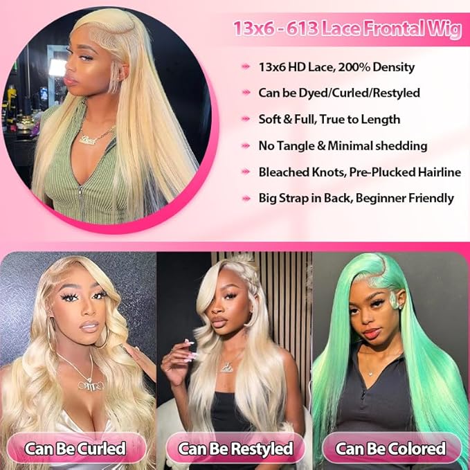 IUPin 613 13x6 Lace Front Wig Human Hair 220% Density Straight Blonde Wig Human Hair 613 HD Lace Frontal Wig Transparent HD Lace Pre Plucked with Baby Hair for Women 22 Inch