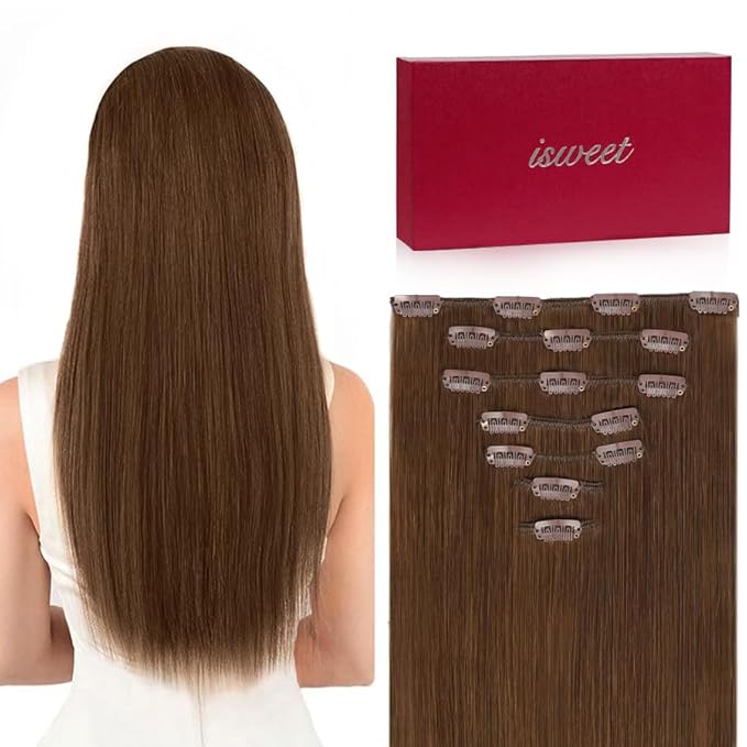 Straight Clip in Hair Extensions Real Human Hair, 7Pcs 14 Inch 95g #6 Chestnut Brown Invisible Soft Real Human Hair Extensions Clip ins, Double Weft Hair Extensions Real Human Hair for Women