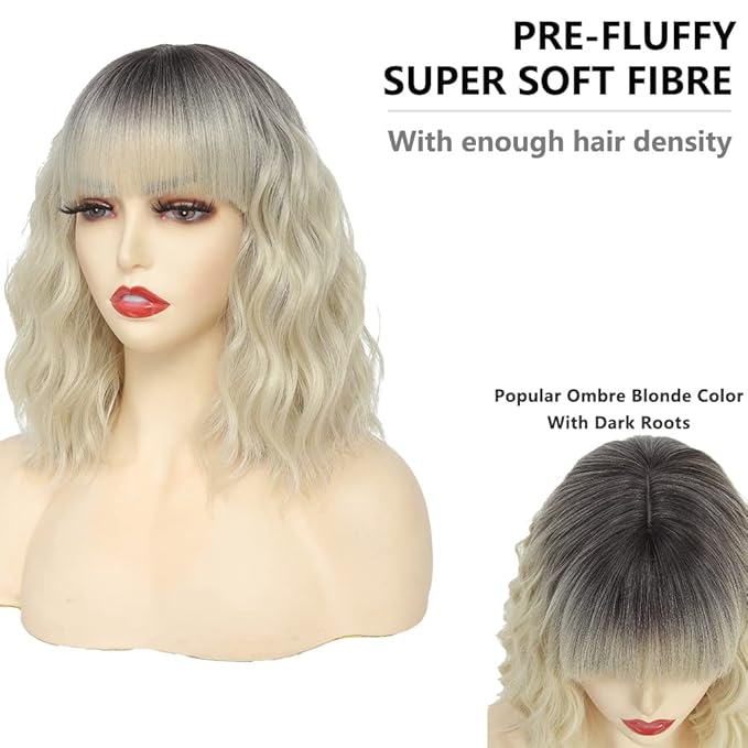 WAVE&BREEZE Blonde Wig with Bangs Short Wavy Bob Wigs for Women Natural Looking Ombre Blonde Hair Replacement Wigs Shoulder Length Daily Party Cosplay Costume Halloween Hair
