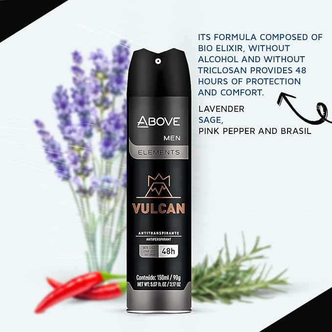ABOVE Vulcan 48 Hours Antiperspirant Deodorant - Dry Spray for Men - Notes of Sage, Pink Pepper and Basil - Protects Against Sweat and Body Odor - Stain and Cruelty Free - 4 pc