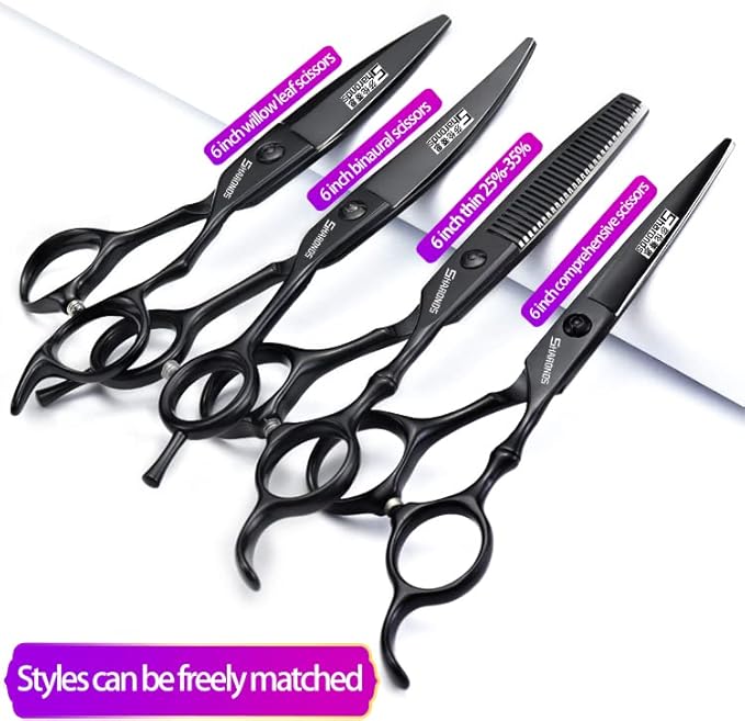 6/6.5/7 Inch Black Hairdressing Scissors Salon Hairdressing Tool 440c High Hardness Stainless Steel Haircut Hair Thinning Hairdressing Scissors (6 Inches, 4 Pieces)