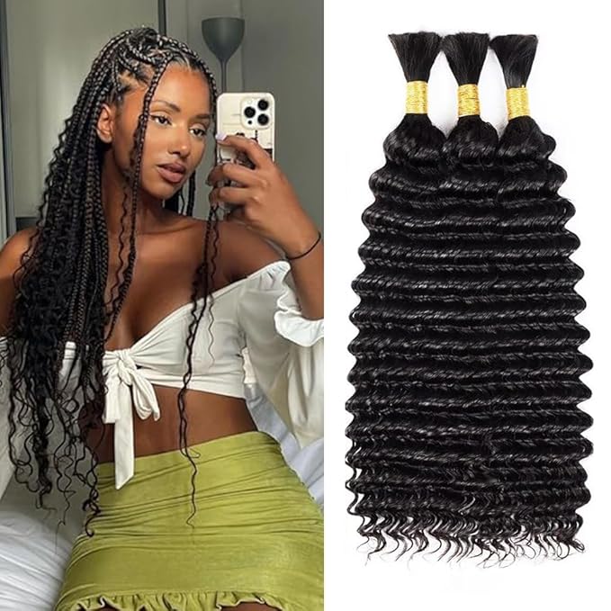 Boho Hair for Braiding Deep Wave Bulk Human Hair for Braiding No Weft 3 Bundles 22 Inch 10A Brazilian Virgin Deep Curly Extensions