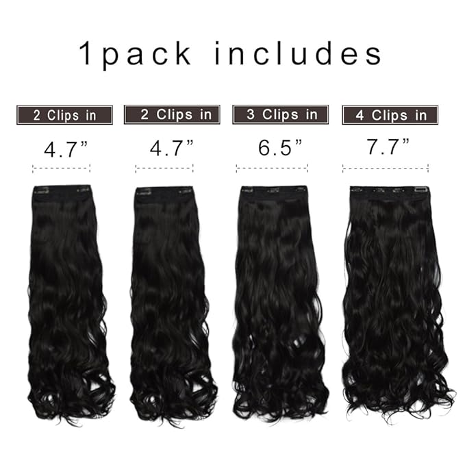 REECHO 20" Curly Wavy 4 Pieces Set Clip in Hair Extensions Natural Black