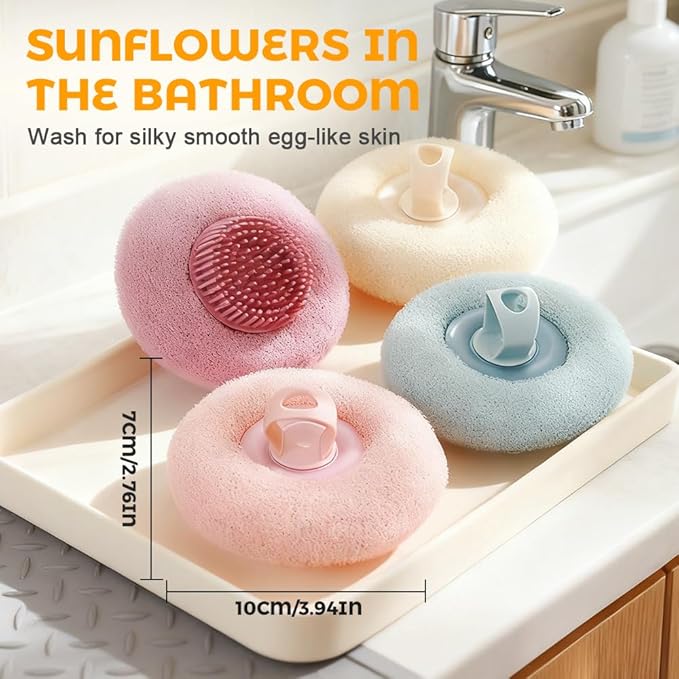 Super Soft Sunflower Suction Cup Bath Ball, 2025 New Exfoliating Bath Bath Sponge Cleaning Brush with Finger Rings for Women and Men (Set, 4 pcs)