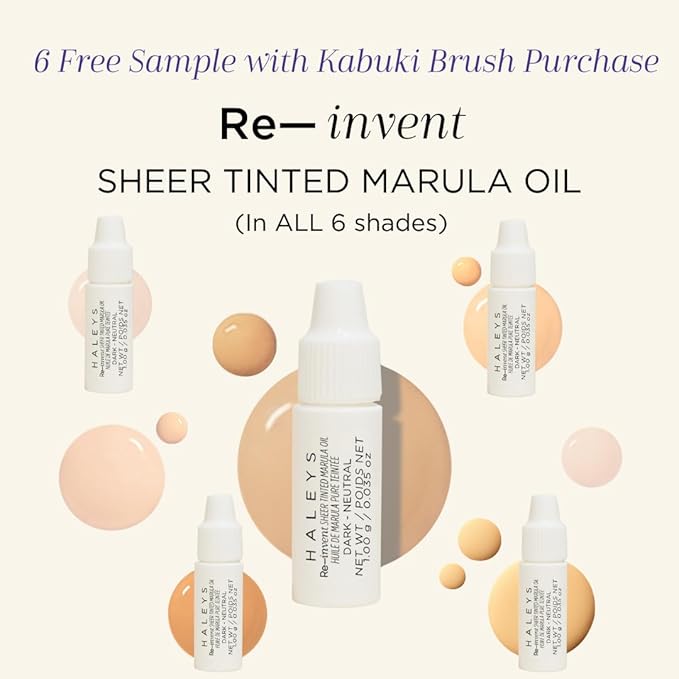 HALEYS Kabuki Makeup Brush + 6 Free Mini Skin Tint Foundations – Vegan Blending Brush for Liquid, Cream & Powder, Flawless Airbrushed Base Kit for Travel and Gifting