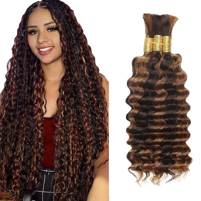 4/30 Freiuoke Human Braiding Hair Deep Wave Bulk Highlight No Weft Curly Braiding Hair Extensions for Boho Braids 28 28 28 Inch 150g/3 Bundles