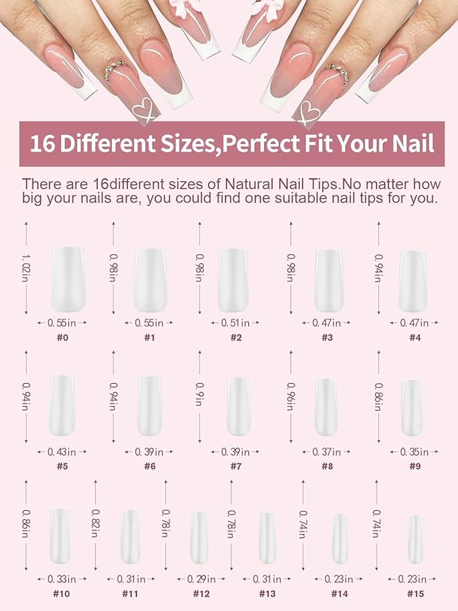 EBANKU Build on Apex Natural Nail Tips, 16 Sizes 160 PCS Middle Square Clear Acrylic Full Cover Press on Nail Tips with Builder Glue, Pre-applied Tip Primer & Base Coat