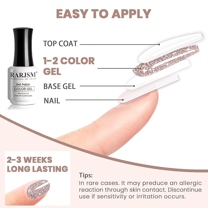 RARJSM Reflective Rainbow Glitter Gel Nail Polish Nude Gray Brown Sheer Jelly Gel Polish Flash Diamond Sparkle Silver Shimmer Pigment Soak off Curing Requires 15ml Single Bottle for Home Salon
