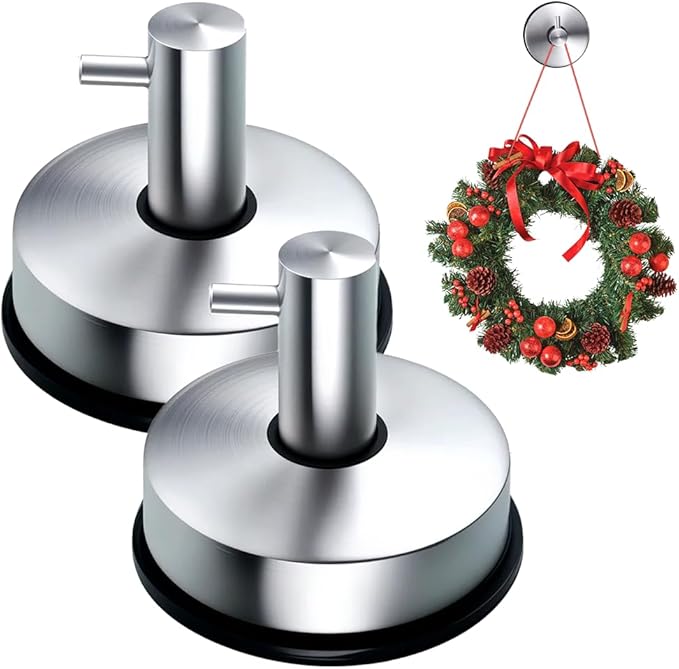 Suction Cup Hooks for Shower, 2025 New No Drill Suction Cup Hooks for Wreaths on Glass, Gold Silver Black Garland Hanger for Door Frame Wreaths Bathroom Window Mirrors (2, Silver)