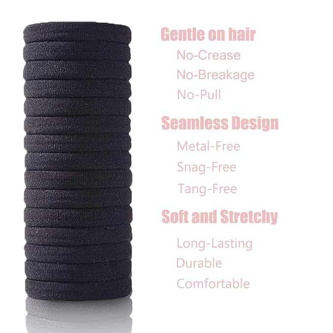 15pcs Black Hair Ties No Damage - Strong Stretchable Hair Bands for Curly Heavy and Long Hair All-Day Hold Ponytail Holders SnagFree Rubber Bands Hair Accessories | Ideal Gifts for Women