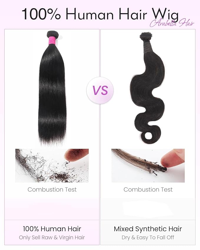Arabella 3 Straight Bundles Human Hair 26 28 30 Inch Natural Black Hair Bundles 100% Unprocessed Brazilian Virgin Hair 10A Weave Sew in Double Weft Bundles Human Hair
