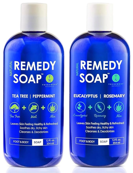 Truremedy Naturals Body Wash 2-pack (12 oz Each) Natural Antifungal Shower Gels - Tea Tree & Peppermint and Eucalyptus & Rosemary