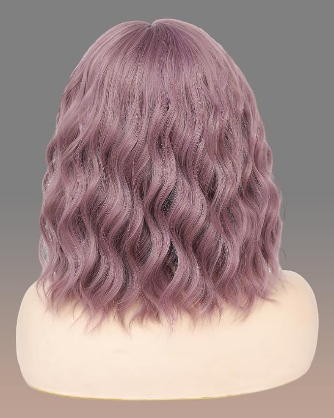 WAVE&BREEZE Short Purple Wigs with Bangs 14Inch Wavy Curly Bob Hair Wig for Women Shoulder Length Natural Looking Hair Replacement Wig for Daily Party Cosplay Costume Halloween
