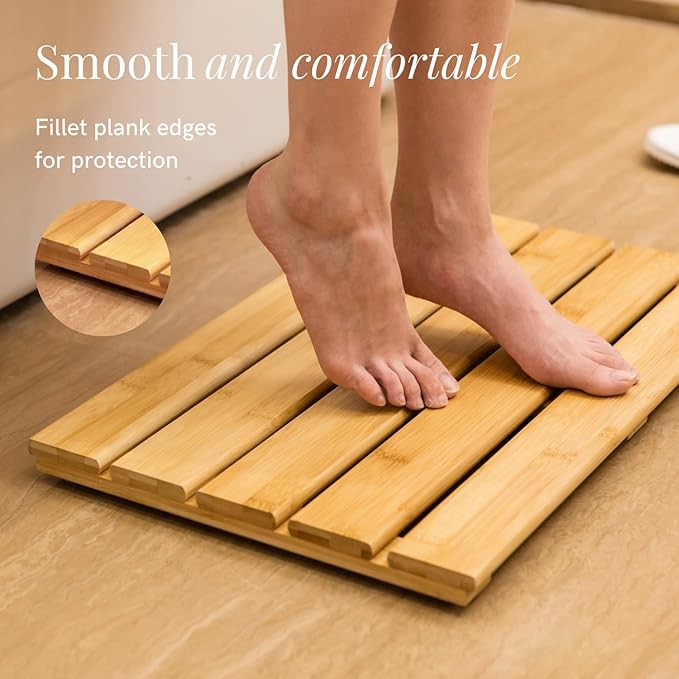 GOBAM Natural Bamboo Bath Mat - Non-Slip Shower & Bathtub Mat, Easy Clean Indoor & Outdoor Floor Mat for Spa, Sauna, Pool - Small 19.7 x 13 inches