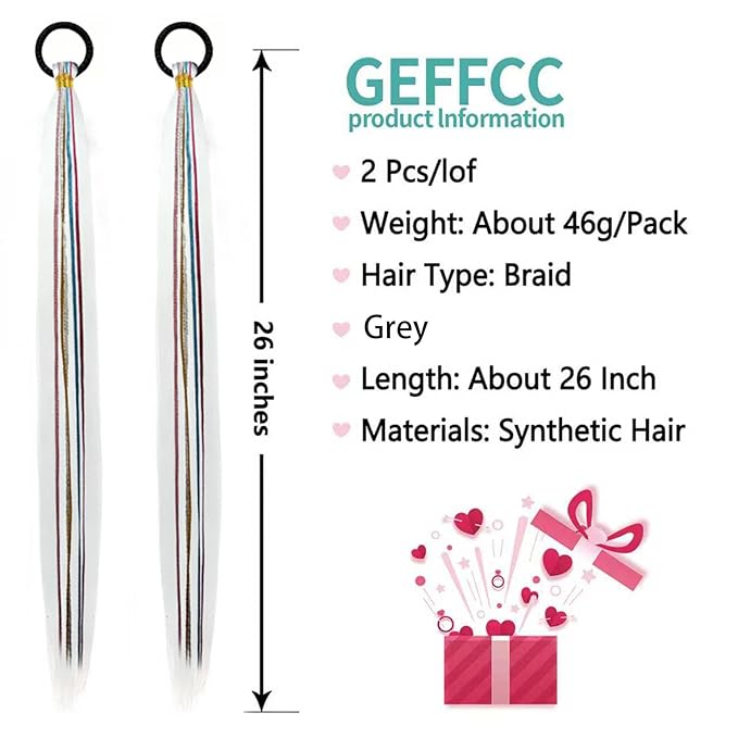 2 Pack Braid Ponytail Extensions, 26 Inch Braided Ponytail Wig with Elastic Tie for Girls (Grey, 26 Inch)
