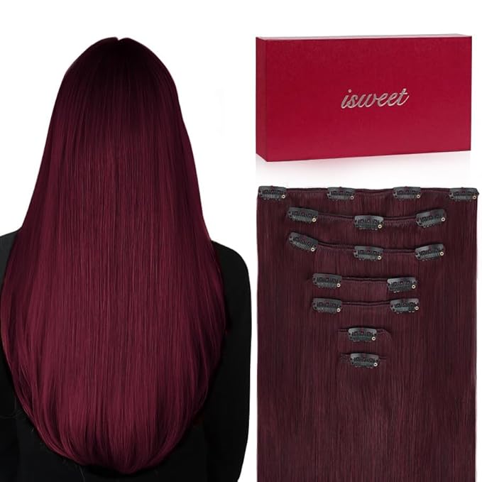 Straight Clip in Hair Extensions Real Human Hair, 7Pcs 14 Inch 95g #99J Ombre Red Invisible Natural Soft Remy Human Hair Extension Clip ins, Double Weft Hair Extensions Real Human Hair for Women