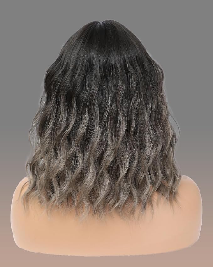 WAVE&BREEZE Short Gray Wigs with Bangs 14Inch Ombre Grey Mixed Brown Curly Bob Wig for Women Shoulder Length Natural Looking Hair Replacement Wig for Daily Party Use Cosplay Costume Halloween Wig