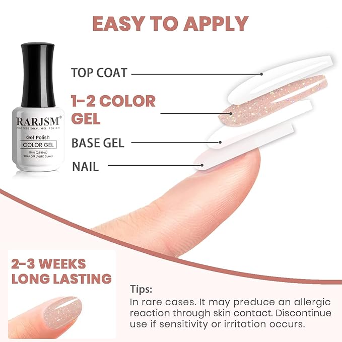 RARJSM Nude Glitter Nail Gel Polish Sheer Pink Jelly Shimmery Iridescent Sparkly Pink Holographic Pigments Translucent Natural Skin Tone Color Gel 15ml Soak off UV LED Cured Home Salon