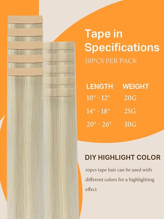 DOORES Tape in Hair Extensions Real Human Hair, Ash Blonde Highlighted Platinum Blonde 16 Inch 25g 10pcs, Human Hair Extensions Natural Straight Hair