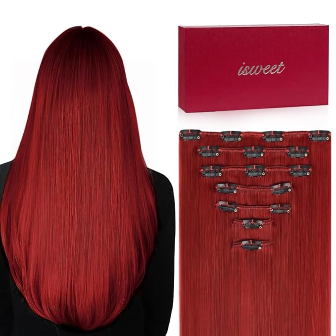 Straight Clip in Hair Extensions Real Human Hair, 7Pcs 12 Inch 80g Red Invisible Natural Soft Remy Human Hair Extension Clip ins, Double Weft Hair Extensions Real Human Hair for Women