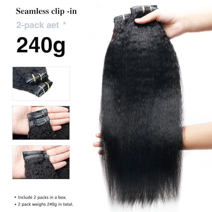 Kinky Straight Clip in Hair Extensions Real Human Hair 2 Pack 240g Seamless Clip in Hair Extensions for Women Full Max with 16Pcs PU Skin Weft 18inch Natural Black