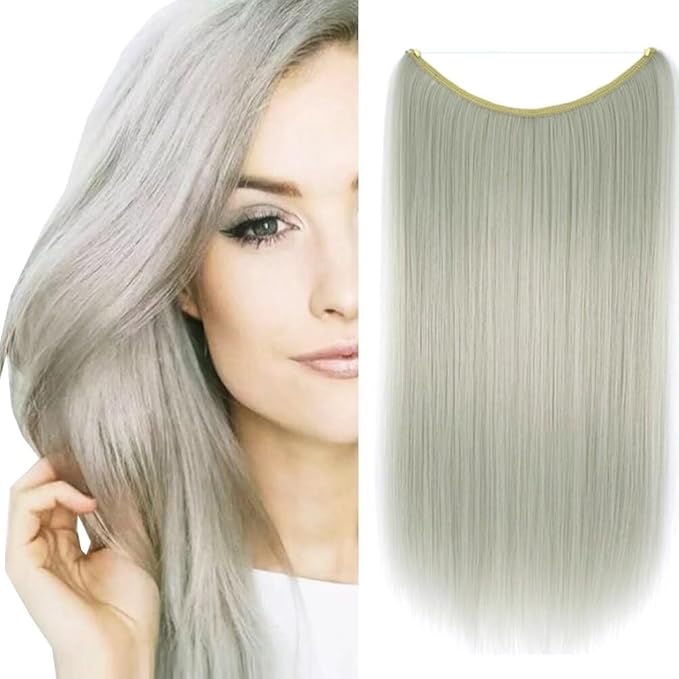 iLUU Silver Color Thick Hair Extension for Women Girl Secret Fish Line Hair Extensions Straight Hairpiece Invisible String Hairpiece Synthetic Hair Pieces no Clips no Glue no Damage 22"/55cm 80g/pack