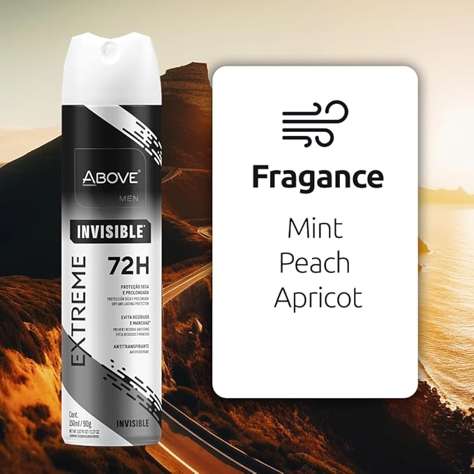 ABOVE Extreme Men Invisible - 72H Antiperspirant Spray Deodorant for Men 5.07 Fl Oz| Aluminum-Free | Fresh Mist, No Stain & Alcohol, Long-Lasting Men's Deodorant Spray | Mint, Peach, Apricot