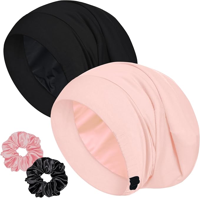 Sleep Cap Bonnet for Sleeping, Adjustable Cooling Ice Silk Lined Hair Bonnets for Natural Curly Braids Beanie Hat Women Men