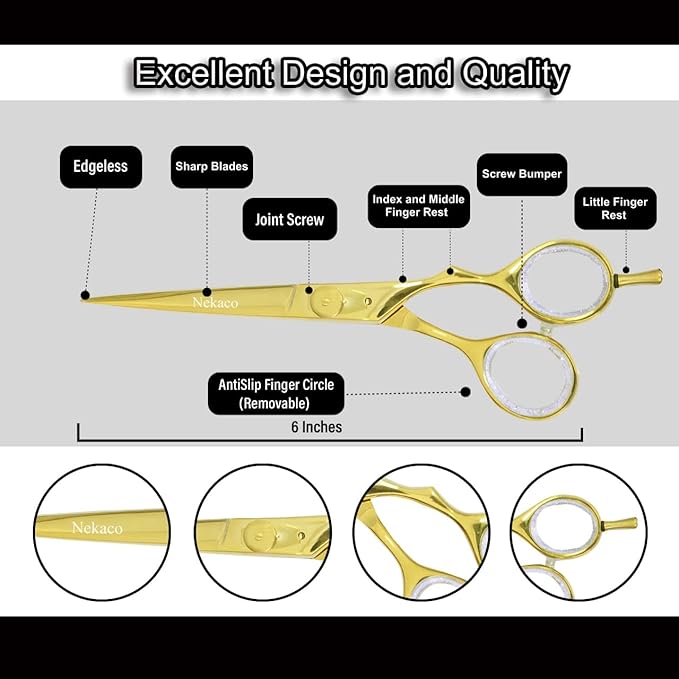 Professional 6-Inch Gold Hair Cutting Scissors, Stainless Steel, Compact, Hair Shears with Adjustable Screw for Barber Salon & Home