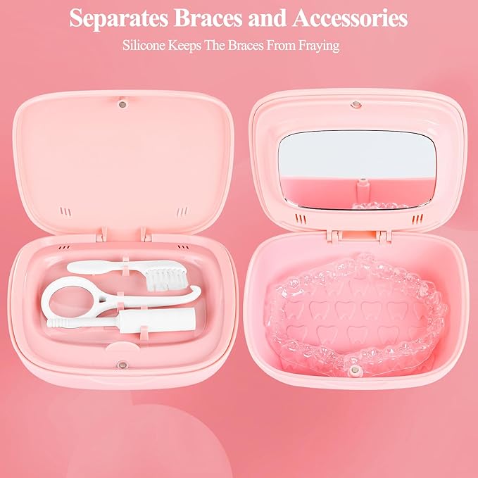 Retainer Case With Mirror,Compatible with Invisalign,Vent Holes,Contain Remover Tool,Cleaning Brush,Chewies for Invisalign