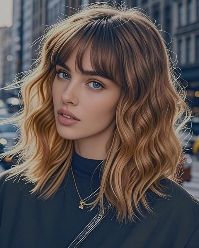 WAVE&BREEZE Brown Mixed Blonde Wigs with Bangs Bob Wavy Wigs for Women 14 Inch Shoulder Length Wig Natural Looking Synthetic Hair Replacement Wigs for Daily Party Use Cosplay Costume Halloween Wig