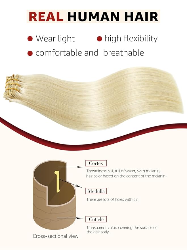 Clip in Hair Extensions Real Human Hair By 20 inch, Color #60 Platinum Blonde Human Hair Clip in Extensions 120grams,6pcs Per Set With 18 Clips Double Weft(#60,20'')