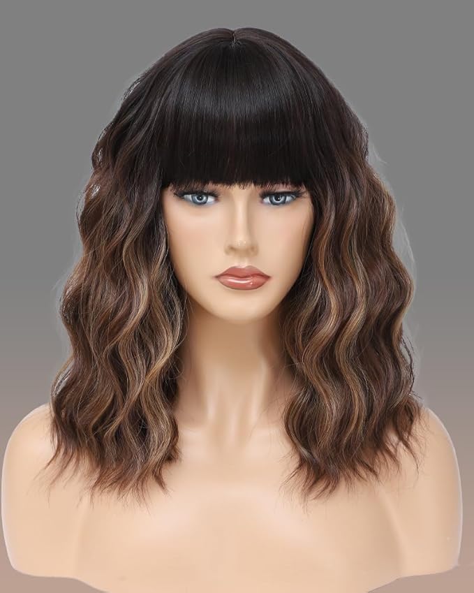 WAVE&BREEZE Brown Highlight Blonde Wig with Bangs Short Curly Bob Wigs for Women 14 Inch Shoulder Length Natural Looking Hair Replacement Wigs for Cosplay Party Use