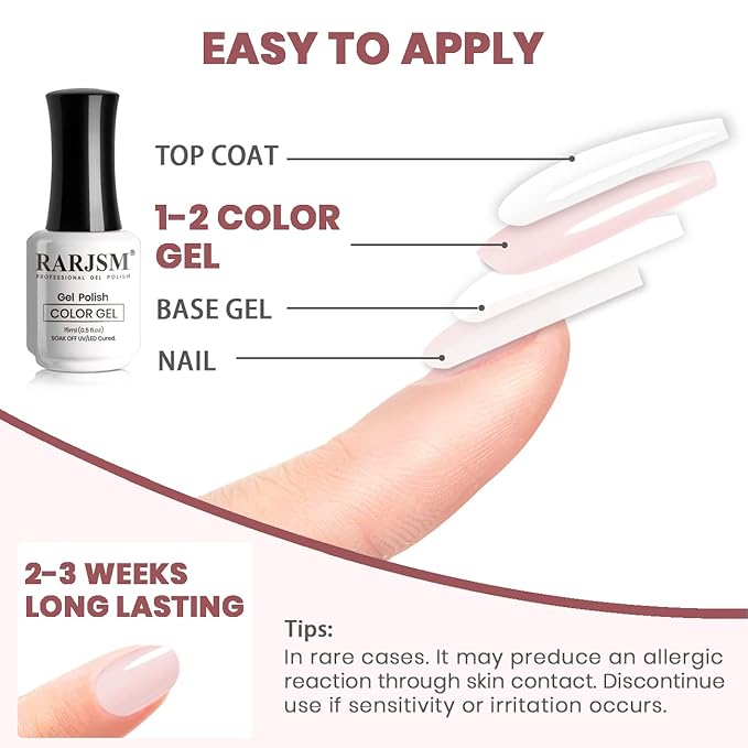 RARJSM Sheer Nude Gel Polish Jelly Light Pink Translucent Colors Neutral Skin Tone Gel Polish Milky Clear Pink 15ml Single Bottle Soak off UV LED Cured at Home Salon DIY French Manicure Nails Art