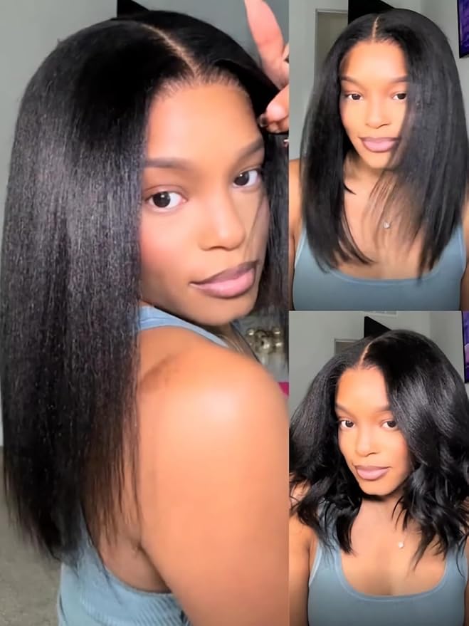 Julia Hair 14 Inch Yaki Straight Drawstring Wigs Human Hair Put On and Go Glueless Bob Wig 7x5 Bye Bye Knots Pre Plucked Pre-Cut Lace Closure Wig Beginner Friendly Black Short Yaki Bob Bleached Knots