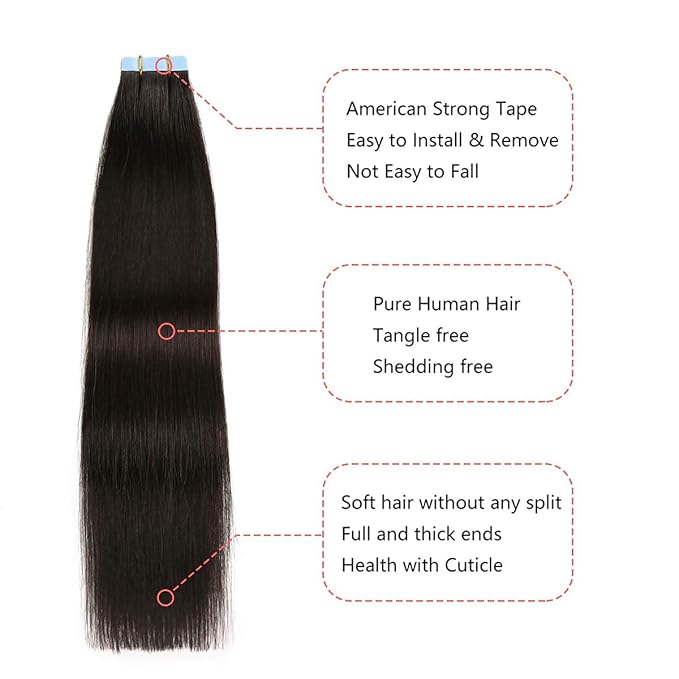 YILITE Off Black Tape in Hair Extensions Human Hair,20 inch 20pcs 50g Silky Straight Tape ins,Seamless Skin Weft Tape in Human Hair Extensions,Natural Black Tape in Extensions Real Human Hair