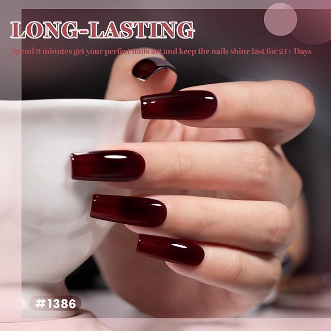 RARJSM Jelly Stained Glass Gel Nail Polish Set 6pcs Clear Glazed Amber Burgundy Cherry Wine Red Glitter Series Crystal Transparent Sheer Gel Varnish Curing Requires Soak off Christmas Manicure