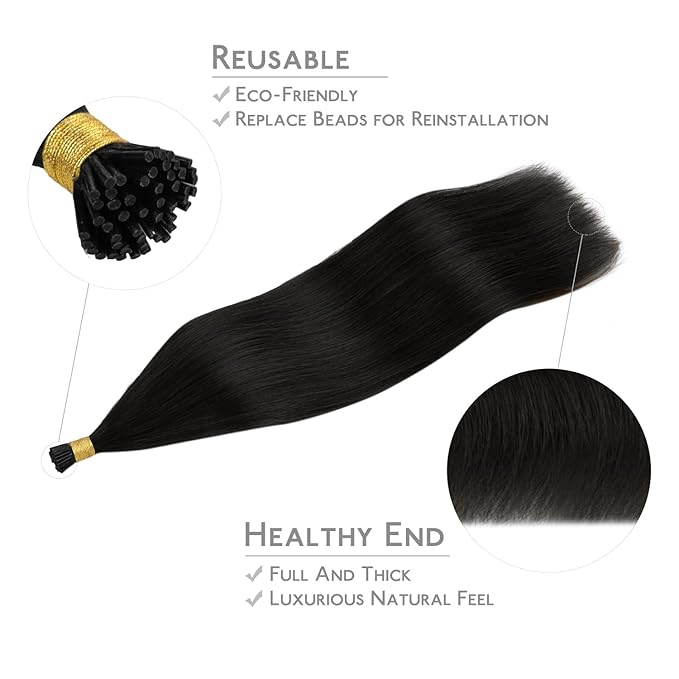 WENNALIFE I Tip Hair Extensions Human Hair, 50g 100s 16 Inch Natural Black Remy Itip Human Hair Extensions Invisible Itips Straight I Tips Fusion Extensions Real Human Hair